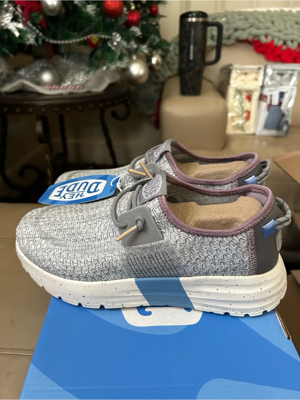 Hey Dude Women's Slip-On Sneakers in Light Gray with Lavender Trim